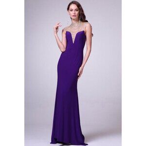 Purple Jeweled High Neck Backless Long Prom Dress